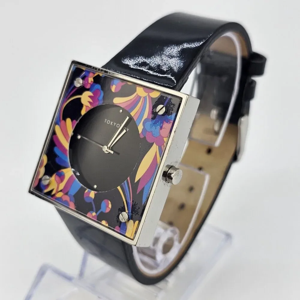 TOKYObay Women's Watch 38MM Flowers Square Case Black Leather Bands New‎ Battery
